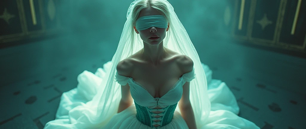 Bird´s-eye view, blindfolded White french woman with super extremly tight tiny waist and see through sheer turquoise corset, beautiful lolita dress with petticoat, blindfolded and a long white veil, Bird´s-eye view, sf, intricate artwork masterpiece, ominous, matte painting movie poster, golden ratio, trending on cgsociety, intricate, epic, trending on artstation, by artgerm, h. r. giger and beksinski, highly detailed, vibrant, production cinematic character render, ultra high quality model