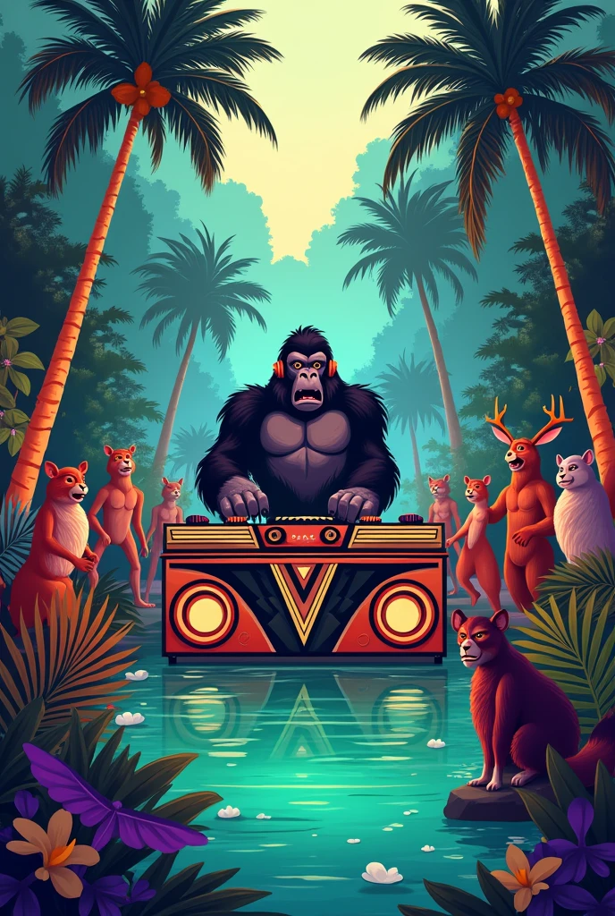 jungle setting with palm trees and a lagoon in the middle, with an ongoing party of animals. Put a Gorilla in the middle as the disc jockey with a big sound system. Art deco style