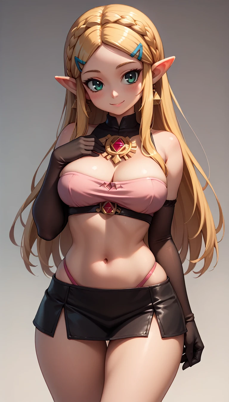 High resolution, Very detailed, perfect lighting, beautiful detailed eyes, ((masterpiece,Best Quality)), absurdities, alone, princess zelda, by the width, crown braid, Hair clip, pointy ears, Gloves without fingers, black gloves, smile, curves, nod, , deep neckline, deep neckline, short skirt, visible underwear, pink thong, touching her breasts in a sexy way, close up, uniforme de marinera sexy, uniforme de marinera sexy