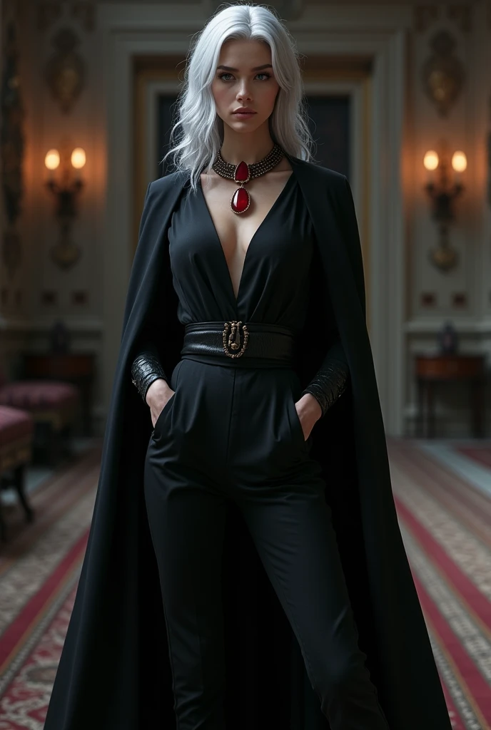 an 18 year old princess 1m78 tall with silver hair and eyes as bright as gojo satoru. Is wearing a black outfit consisting of long pants and a long black coat with a red onyx necklace All in the style of the movie House of the Dragon part 2
