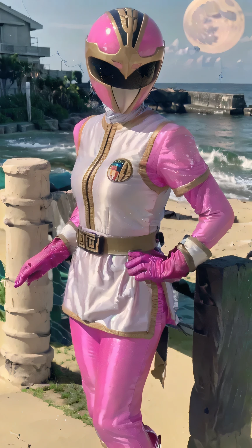 (((highest quality, High resolution, nffsw, perfect pixel, 4K, nffsw, nffsw, 8K wall paper))), 1 girl, single, alone, ((Beautiful woman)), I could see the whole body, ((Three-dimensional helmet:1.3)), ((helmet is pink:1.3)), (((pink helmet))), ((Full face helmet with no exposed face and head hair)), (gold line on the chest:1.1), Lines on the sides of the suit, a belt, (((white suit, pink gloves, pink footwear:1.3, pink boots, white china miniskirt))), ((smooth texture:1.3, realistic texture:1.3, realistic:1.3, nvidia high quality)), ((G cup large breasts)), (((big breasty whole body is sweaty))), ((sexy pose)), (((Anatomically correct))), perfect body, lean forward greatly, (((sea, sunset beach, full moon))), full body