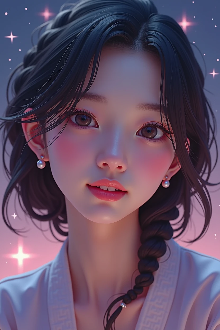 A portrait shot of A realistic young woman with korean features. with long braided blonde hair. Beautiful smile. The background is pastel purple/ dark blue with stars