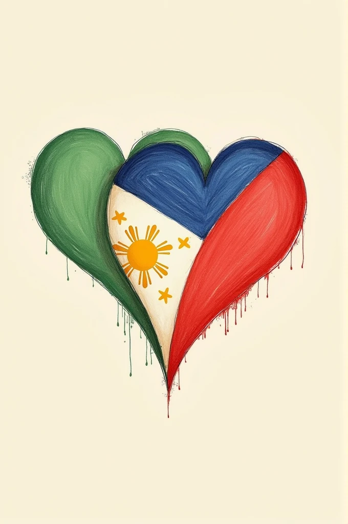 Two hearts of Indian flag and Philippines flag showing togetherness. It should be more realistic and should look like human drawing and make it more simple drawing. And the drawing should bt coloured using crayons only