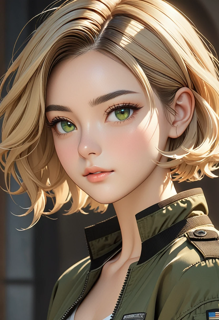 ((best quality)), ((artwork)), ((extremely detailed face)), ((perfect lighting)), ((extremely detailed CG)), ((perfect hands, perfect anatomy)), Sex/Gender= Female
Age= 24
Hair= Blonde, wavy, bob short
Eyes= Green, almonds
Features= Slim build, fair skin, oval shaped face, thin brows, mole under eye, button nose
Height= 5′6"
Outfit= Black tactical pants, tight tank top, bomber jacket, combat boots