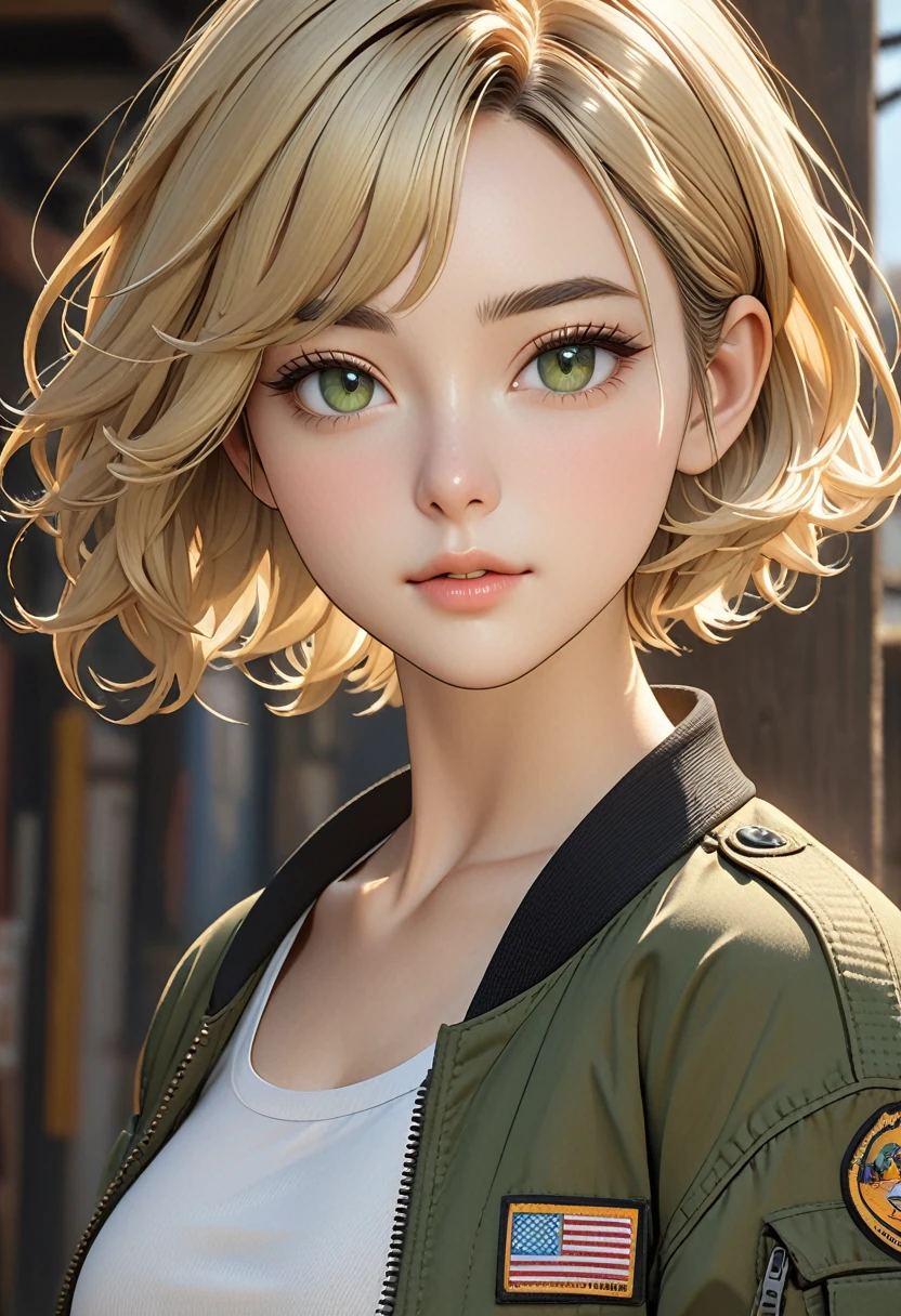 ((best quality)), ((artwork)), ((extremely detailed face)), ((perfect lighting)), ((extremely detailed CG)), ((perfect hands, perfect anatomy)), Sex/Gender= Female
Age= 24
Hair= Blonde, wavy, bob short
Eyes= Green, almonds
Features= Slim build, fair skin, oval shaped face, thin brows, mole under eye, button nose
Height= 5′6"
Outfit= Black tactical pants, tight tank top, bomber jacket, combat boots