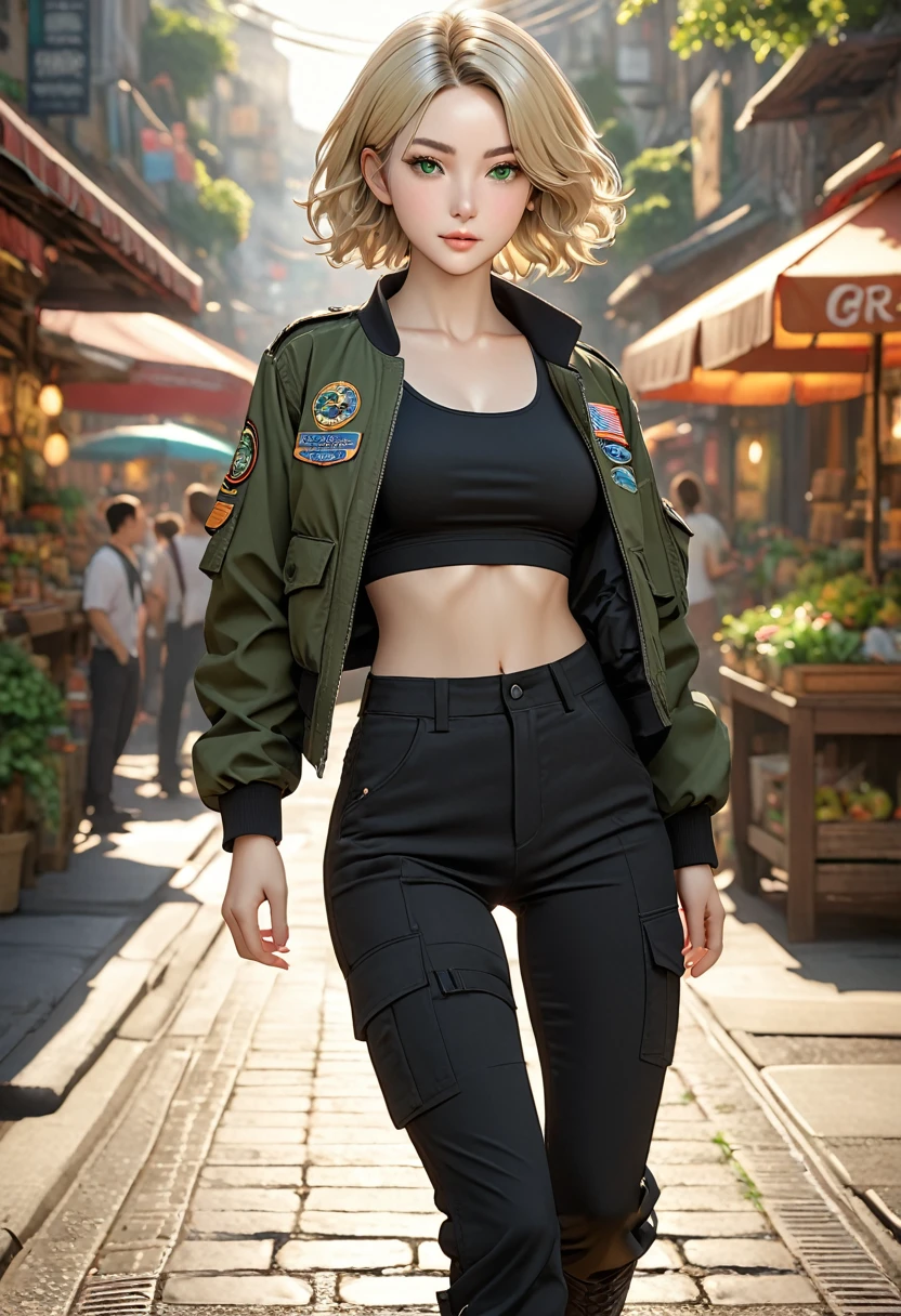 ((best quality)), ((artwork)), ((extremely detailed face)), ((perfect lighting)), ((extremely detailed CG)), ((perfect hands, perfect anatomy)), Sex/Gender= Female
Age= 24
Hair= Blonde, wavy, bob short
Eyes= Green, almonds
Features= Slim build, fair skin, oval shaped face, thin brows, mole under eye, button nose
Height= 5′6"
Outfit= Black tactical pants, tight tank top, bomber jacket, combat boots