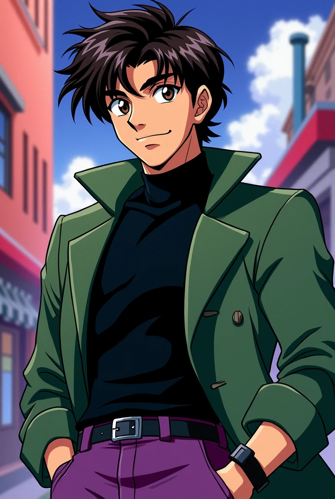 Mamoru chiba sailor moon 90's anime style, middle hair, purple pants, green jacket, black sweater and muscular body