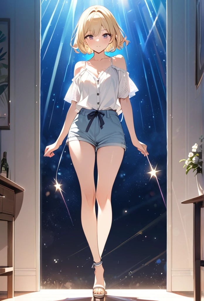 ((masterpiece)),(((Highest quality))),Thin thighs,Long legs,whole body:1.5，(One Girl:1.3),(More beautiful casual summer outfits：1.3),(Wearing light casual clothes:1.2),Short Blonde:1.2、Model pose，Gravure idol、
、flowerpunk、Sparkling light particles、Vivid gradient effect