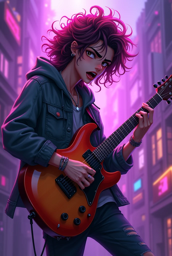 a tall moreno male teenager with long curly hair that has red tips. he has eye brow piercings and snake bite piercings. he's holding a guitar strumming it with an excited look on his face. In the style of anime but with human like features. Semi realistic. Realistic face. Purple whimsical lighting 