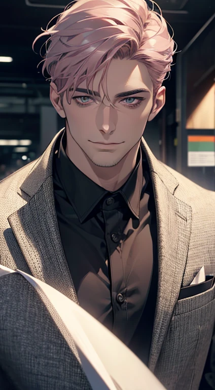 (best quality,4k,8k,highres,masterpiece:1.2),ultra-detailed,(realistic,photorealistic,photo-realistic:1.37),1 man,31 years old,mature man,very handsome,without expression,smile,short grey pink hair,emelrald eyes,penetrating gaze,perfect face without errors,imposing posture,businessman,office background,cinematic lighting,hdr image