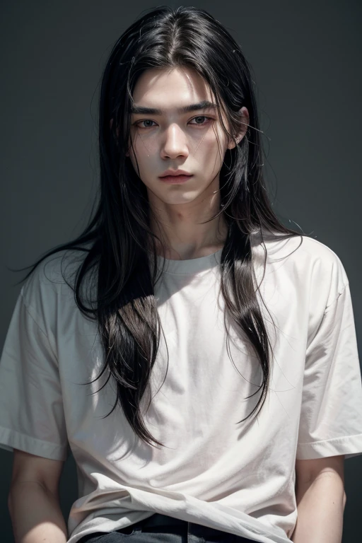 work of art, best qualityer, 1 men, adolescent, Delicate Eyes, long black hair, slickedback hair, skin fair, 精致的面容, calm expression, white shirt, ink landscape, gris, rot