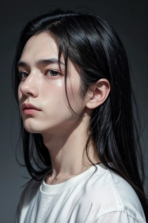 work of art, best qualityer, 1 men, adolescent, Delicate Eyes, long black hair, slickedback hair, skin fair, 精致的面容, calm expression, white  shirt, ink landscape, gris, rot