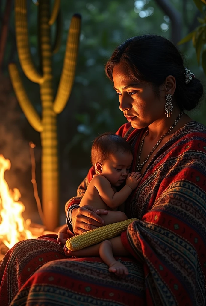 realism, masterpiece, a lot of detail, indigenous mayan mexican woman, with Mexican embroidered shawl,  her baby, and held a corn cob, Next to him there is a bonfire that lights up his face, and behind you can see a maguey, high contrast, style photo by uman damle, Caravaggio, Black background, Rembrandt, shocking look, warm light source, colors reflected on the face, 