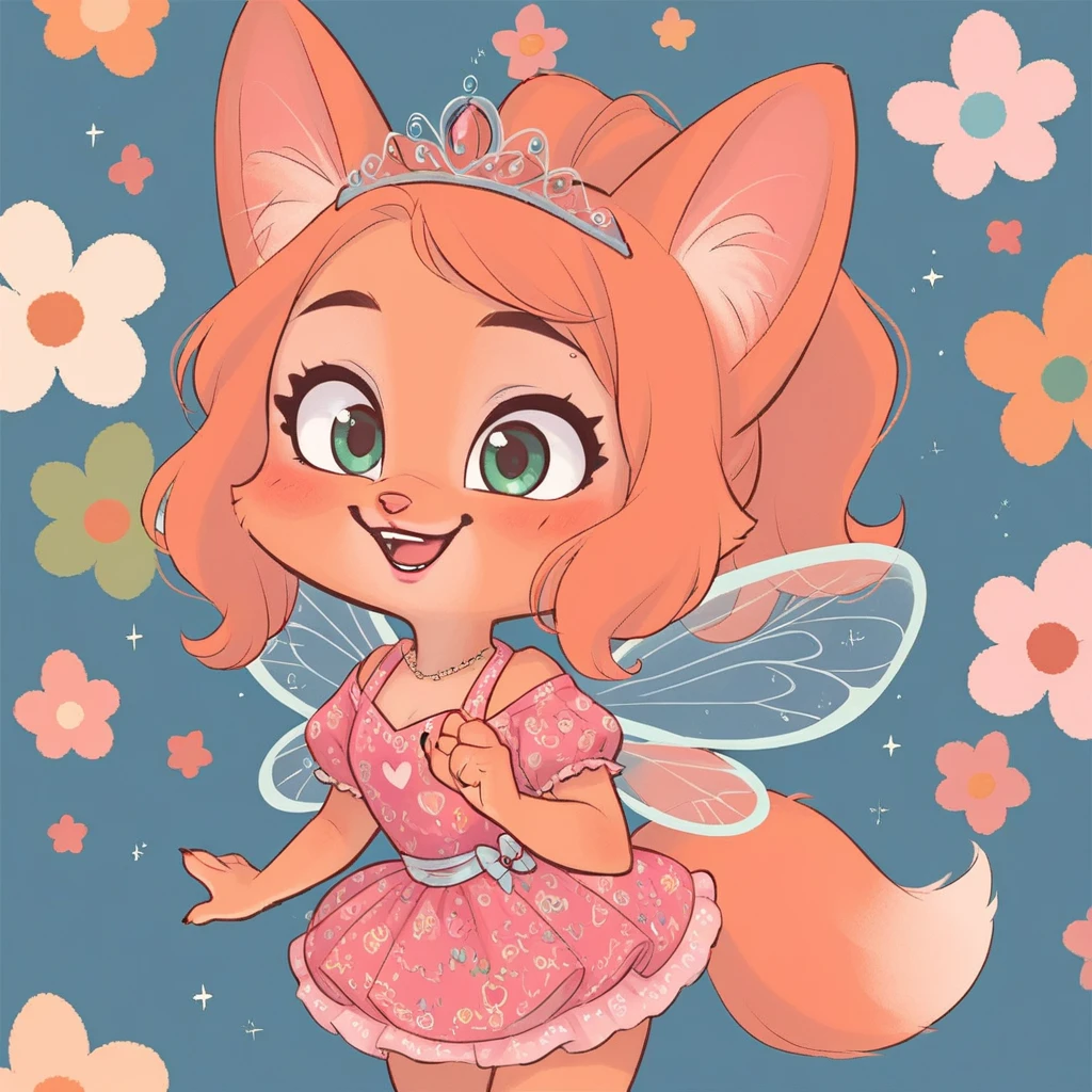 little fox, kid girl fox, little kid, ginger fur, long hair, ginger hair, dusty-pink nose, fox tail, fox ears, face similar of Diane Foxington, kid, , cute, princess dress, pink princess dress, pink dress, tiara, fairy wings, princess, chibi, alone, ginger hair, tied hair with pink hair tie, pink makeup, pink lipstick, smile, blush, cartoon, toon, chibi, cute girl, cub bedroom, pink bedroom, kid backroom, toys