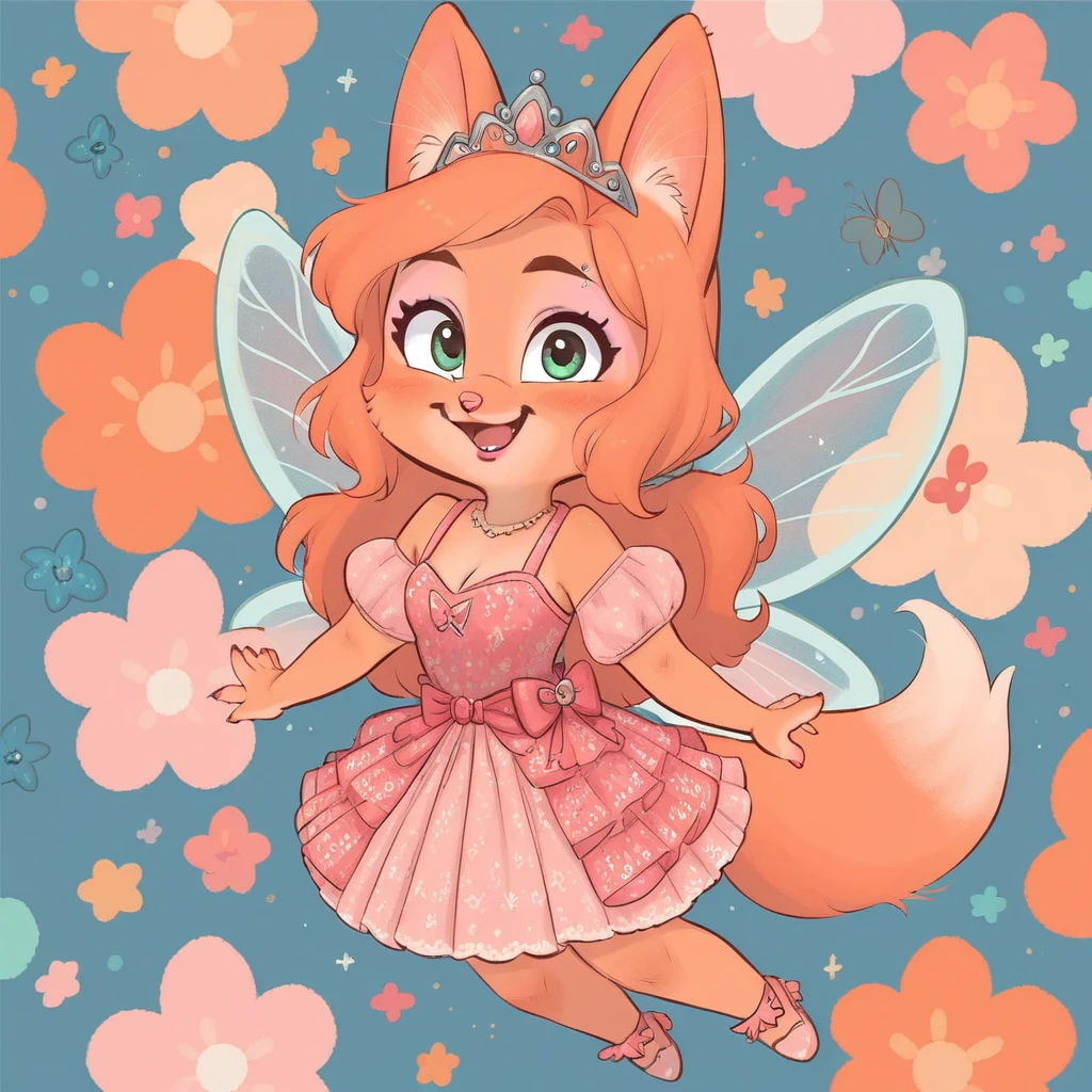 little fox, kid girl fox, little kid, ginger fur, long hair, ginger hair, dusty-pink nose, fox tail, fox ears, face similar of Diane Foxington, kid, , cute, princess dress, pink princess dress, pink dress, tiara, fairy wings, princess, chibi, alone, ginger hair, tied hair with pink hair tie, pink makeup, pink lipstick, smile, blush, cartoon, toon, chibi, cute girl, cub bedroom, pink bedroom, kid backroom, toys