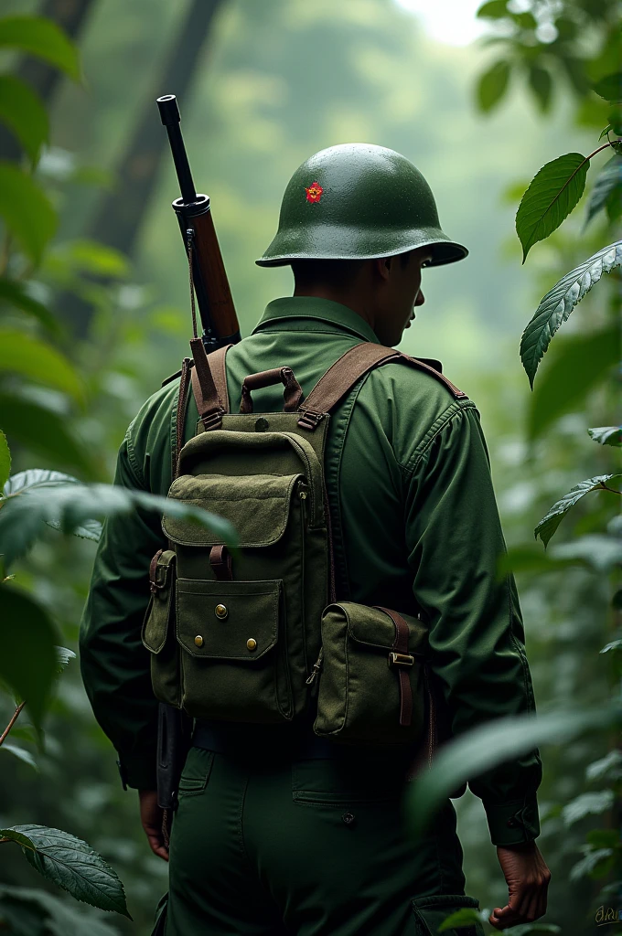 Create an image of a Vietnamese soldier from the Vietnam War, depicted from the back or side to obscure the face. The soldier should be wearing a traditional green or olive drab uniform with a helmet, carrying a rifle or other equipment typical of the era. The background should be dense jungle or forest to enhance the camouflage effect, with the soldier partially blending into the surroundings to emphasize the hidden face.
