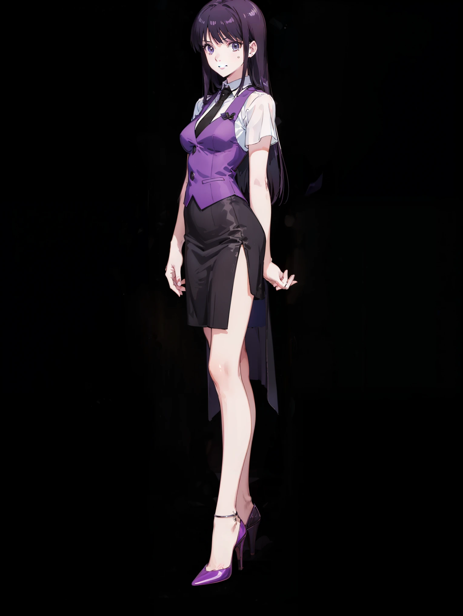 ((Perfect Face)),Purple Hair,voluminous long hair,1 female,bartender,suit,Black vest,Shirt with rolled up sleeves,tie,slit,High heels,,((Simple Background)),smile,((whole body)),((whole body)),Portraiture,virtual,upright,,Both arms are down,Standing upright with face and body facing forward,