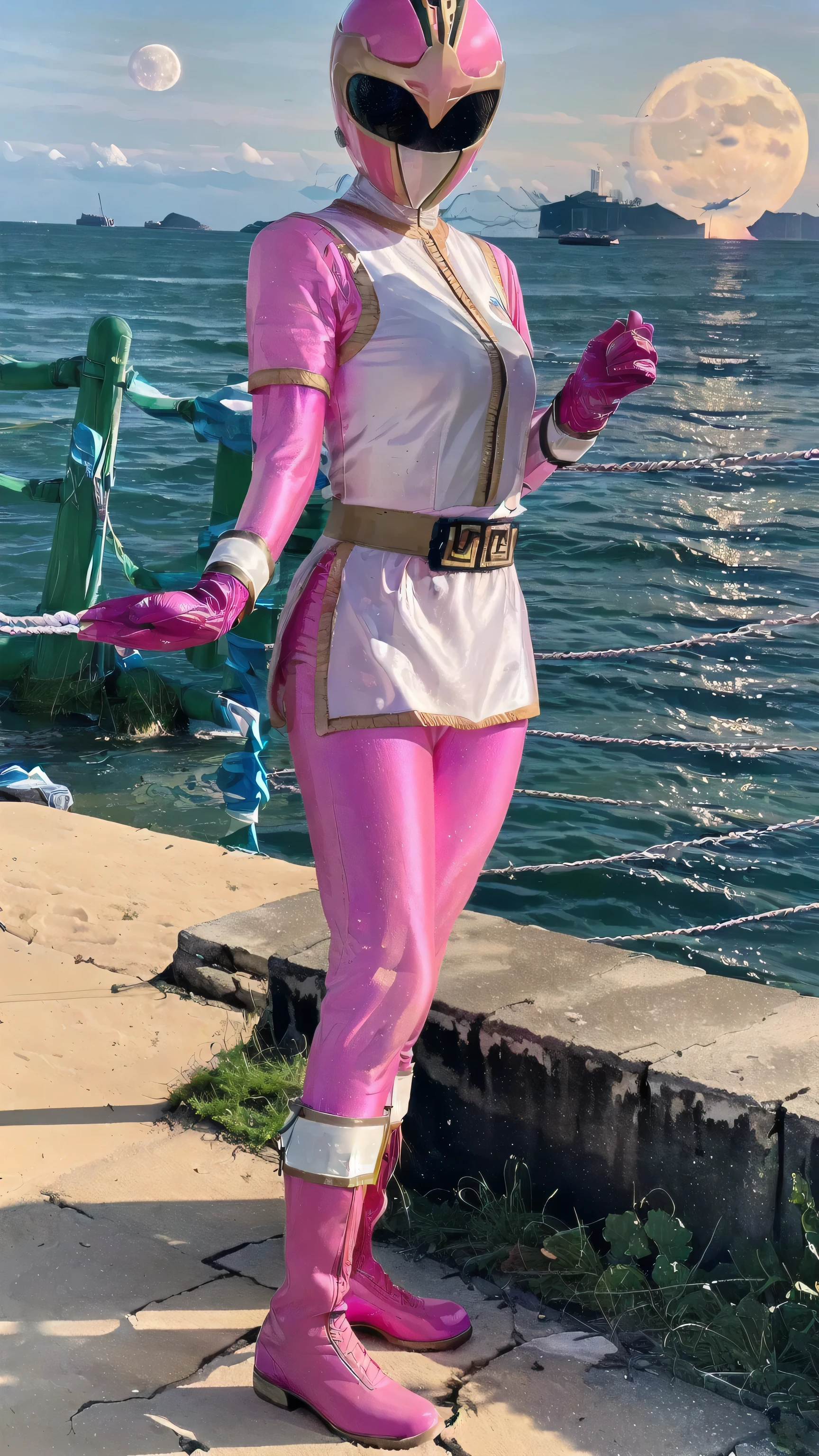 (((highest quality, High resolution, nffsw, perfect pixel, 4K, nffsw, nffsw, 8K wall paper))), 1 girl, single, alone, ((Beautiful woman)), I could see the whole body, ranger, ((Three-dimensional helmet:1.3)), ((helmet is pink:1.3)), (((pink helmet))), ((Full face helmet with no exposed face and head hair)), (gold line on the chest:1.1), Lines on the sides of the suit, a belt, (((white suit, pink gloves, pink footwear:1.3, pink boots, white china miniskirt))), ((smooth texture:1.3, realistic texture:1.3, realistic:1.3, nvidia high quality)), ((G cup large breasts)), (((big breasty whole body is sweaty))), ((sexy pose)), (((Anatomically correct))), perfect body, lean forward greatly, (((sea, sunset beach, full moon))), full body