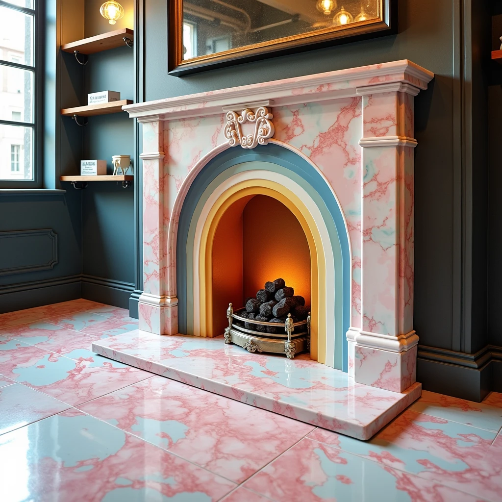 rainbow marbleized fire place #stage #cafe #shop rainbow pastel rainbow tile marbleized floor professional 