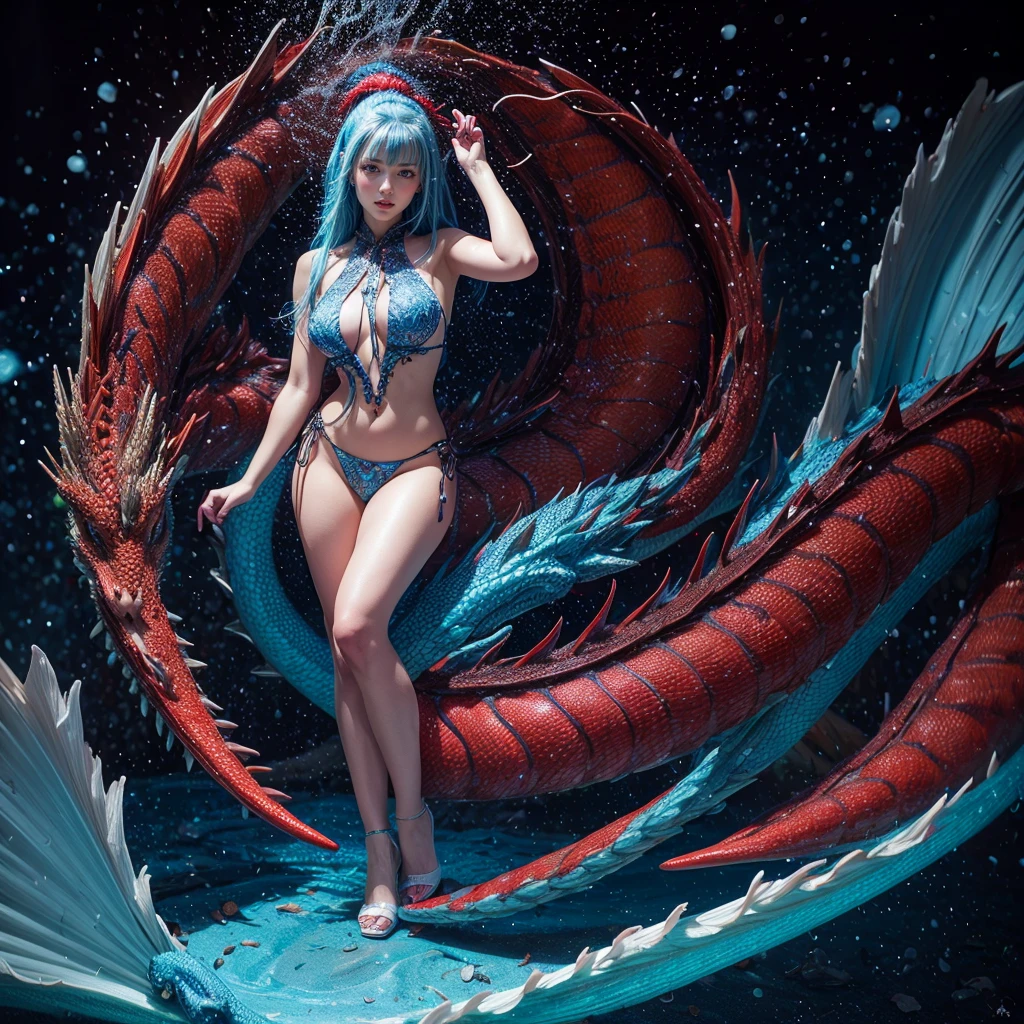 (Full Body of Extremely Detailed Dragon girl) with (Sparkling Red eyes)  Blight Blue hair in a high ponytail, liquid hair, flowers, (Huge dragon head) in background, 8K TopQuality UltraDetailed Masterpiece of Professional Photo, HDR ultra-fine painting, LifeLike rendering, extreme detail description, professional, Bright colors, bokeh, (Exposed Hourglass Body Shape)