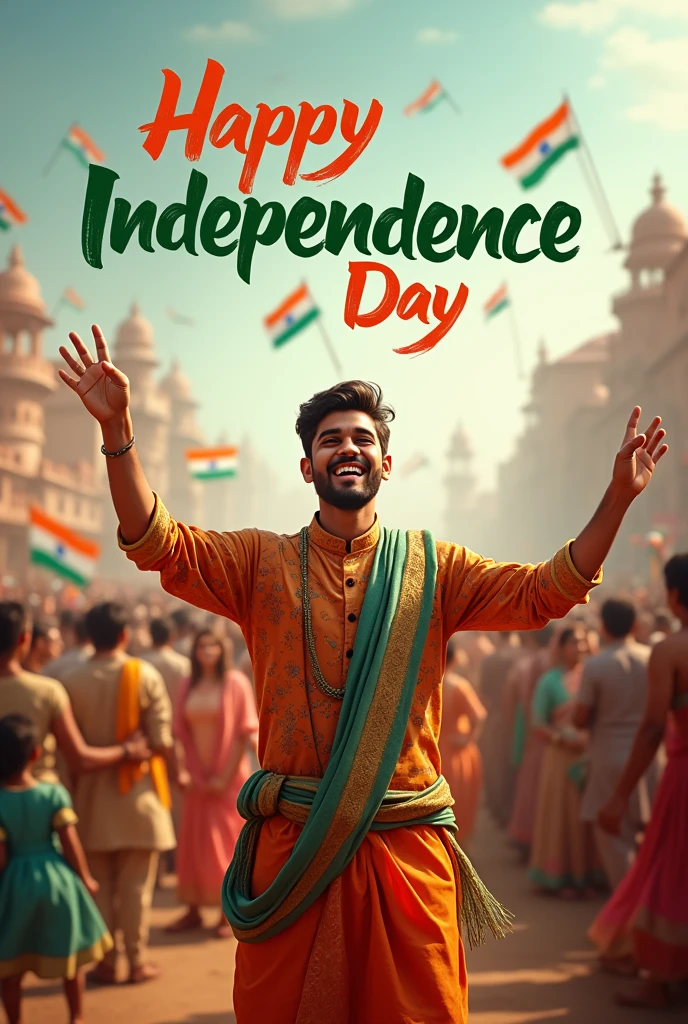 A real 20-year-old boy joyfully celebrates Indian Independence Day. He is wearing traditional Indian outfits with the name “SAHIL KHAN” written on his attire. Above him, in the sky, the words “Happy Independence Day” are displayed in a bold font. The backdrop is filled with people celebrating, enhancing the festive and patriotic spirit of the day.