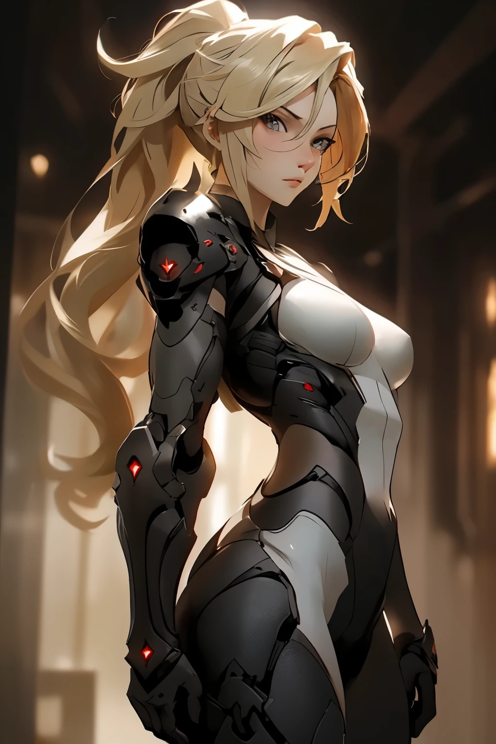 ((best quality)), ((Masterpiece)), (details:1.4), 3d, HDR (high dynamic range), an image of a beautiful cyberpunk female, Hight ponytails, Blonde hair, Red eyes, จมูกโด่ง, ปากแดง, หน้าอกใหญ่, nvidia RTX, PBR surface, After processing, Anisotropic filtration,depth of field, Maximum clarity and clarity, multi-layered surface, Subsurface scattering, perfect proportions, 8K raw files, ความละเอียดสุดยอด, Unreal 5, Perfect proportions, Octane Render, Two-tone lighting, Wide aperture, Low ISO, รายละเอียดดวงตา, crusader, Heavy Black armor, Fierce, หน้ากาก