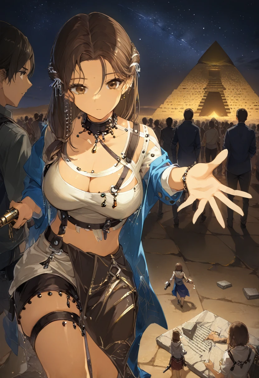 1girl, brown hair, brown eyes, fully clothed, guns with straps, looking at pyramid, nighttime, mans arm giving her gun ammo, holding ammo from 1guy hand reaching out for girl on screen, no others people in background, stone tablet with writing on floor