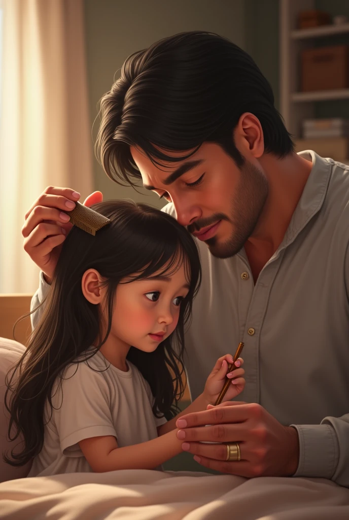 Dad combing his daughter&#39;s hair
