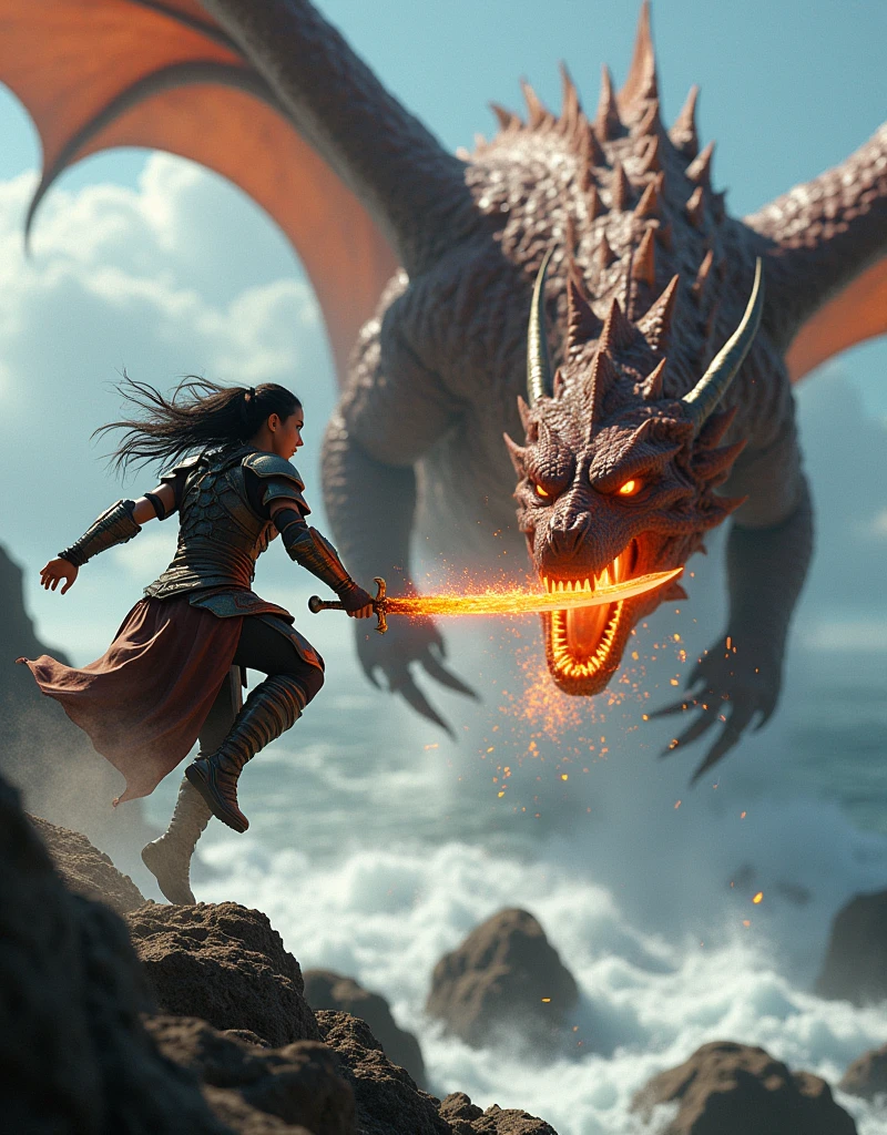 cinematic shot of warrior woman jumping from a rock and stabbing fiery dragon into its neck, water and rocks around