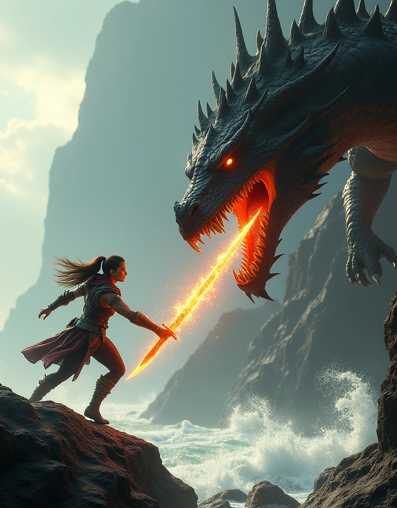cinematic shot of warrior woman jumping from a rock and stabbing fiery dragon into its neck, water and rocks around