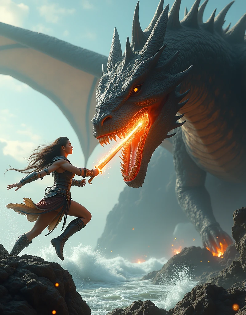 cinematic shot of warrior woman jumping from a rock and stabbing fiery dragon into its neck, water and rocks around