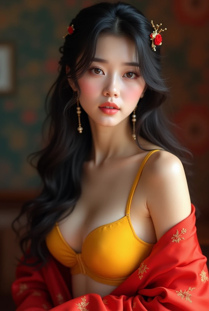 A beautiful Korean girl which wearing a red saree and yellow bra