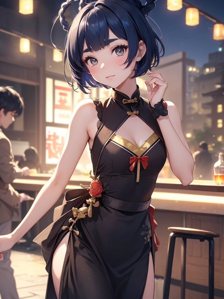 (Xiangling), 1girl, wearing a stylish black colour party frock, at a night party, (dark blue colour short hair),(Xiangling's hair style) 8k, high detailed, high quality