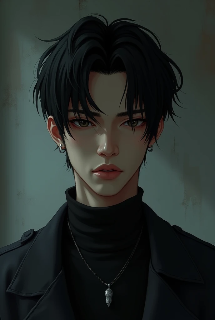 A 28-year-old Asian male with a dark and twisted background. He has a sharp facial structure with a melancholic yet intense expression. His eyes are narrow, reflecting emptiness and pain, but occasionally show unexpected gentleness. His hair is slightly messy, jet-black, with a few strands falling over his forehead as if hiding part of his identity. He wears a dark, modern outfit—perhaps a black shirt or jacket—tainted with subtle stains or tears, hinting at a troubled past. A small necklace hangs around his neck, carrying deep personal meaning. His posture is usually reserved, quiet, and introverted, but when his darker side emerges, his demeanor shifts, revealing an aura of anger and sorrow. The background should be dimly lit, emphasizing the character’s internal conflict, with shadows that almost seem alive, representing his haunted past."