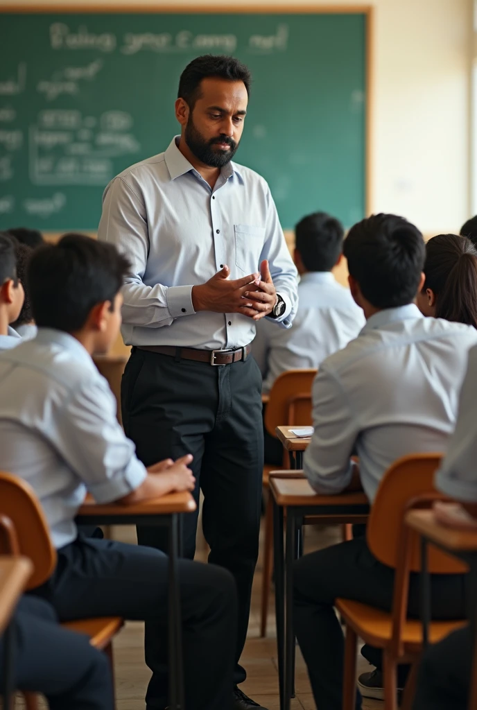 A male Indian school teacher teaching practical seating wear black pants similar person another poses