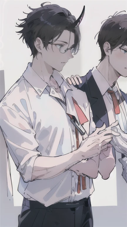 (Masterpiece), (Best Quality), Very detailed, (( a couple guy:2.3)), Perfect Face, Beautiful Face, Very detail, (short Black-haired man 1.3), (short White-haired man with two horns 1.3)、white shirt、standing at a distance, facing away from the camera