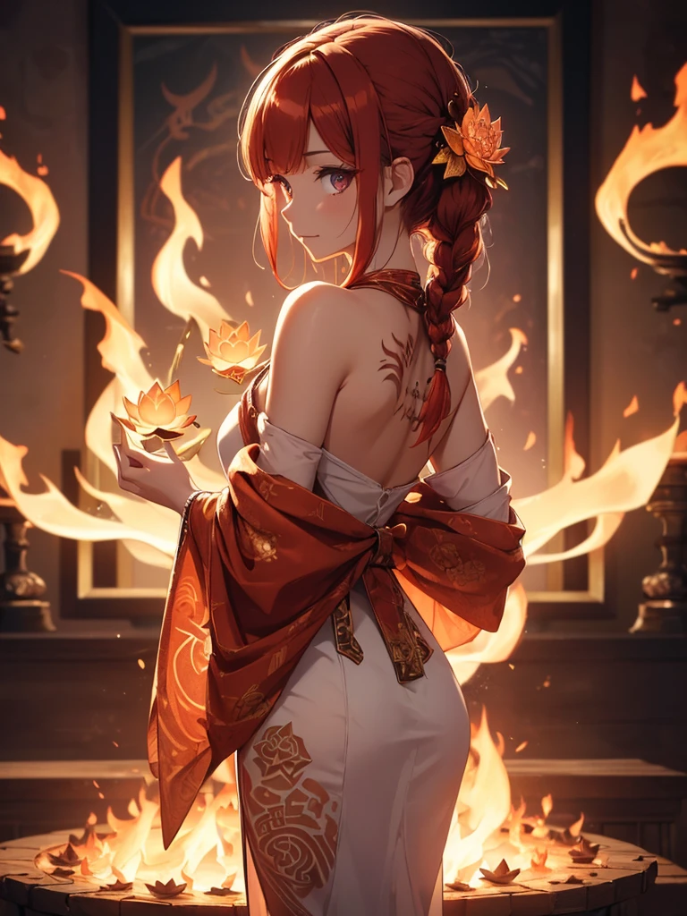 (((best quality, sharp image, clear image, cinematic lighting, 8k resolution, masterpiece, ultra detailed, intricate))) Girl, (((looking over shoulder))),shot from behind, sorcerer, cute, fiery red hair, pigtails, (intricate dress), (white dress), braided hair, ribbons in hair, smiling, fiery red, ((intricate Portal frame)), ((fire magic)), candles, ((glowing runes on skin)), (intricate flame patterns), ((fiery lotus blossom)), busy background. 