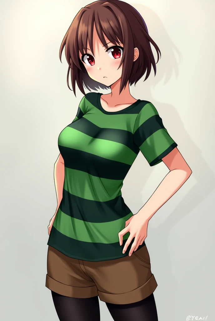 ((best quality)), ((masterpiece)), (detailed), Undertale Chara, brown hair, (brown shorts: 1.3), bob cut, short hair, black pantyhose, (green shirt: 1.3), red eyes, (1girl: 1.3), (solo: 1.3), stripes, striped shirt tetas con una altura de 2 y 1.0 centimeters y un grosor de 1.0 centimeters hentai rule34 por sex