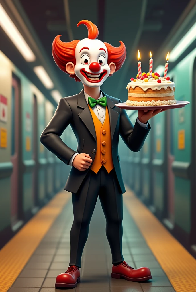Clown wearing suit from subway surfer standing with a birthday cake