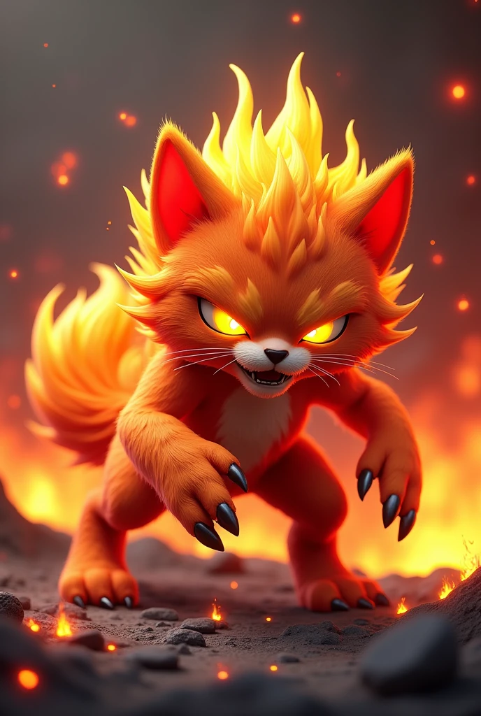 Create a 3D stylized design of 'Ignis,' a fire-themed cat monster. The character should feature vibrant orange and red fur that transitions into flames at the tips, with glowing accents on the eyes and claws. Ignis should be depicted in a dynamic fighting stance, with an intense and determined expression. The background should be a fiery, molten landscape, with embers and sparks floating around, enhancing the fiery atmosphere.