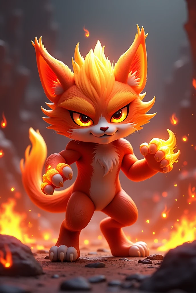 Create a 3D stylized design of 'Ignis,' a fire-themed cat monster. The character should feature vibrant orange and red fur that transitions into flames at the tips, with glowing accents on the eyes and claws. Ignis should be depicted in a dynamic fighting stance, with an intense and determined expression. The background should be a fiery, molten landscape, with embers and sparks floating around, enhancing the fiery atmosphere.
