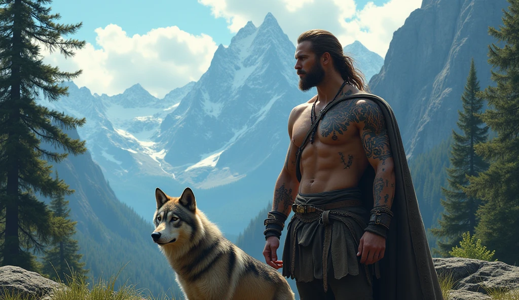 the best quality, very high resolution, detailed 4K CG, Masterpiece artwork, augur, Nordic Deuses, handsome man plus a wolf, rune tattoos, viking, Celtic mountains, tall trees, blue sky, Norse mythology, viking rune tattoo, beautiful aesthetic, Beautiful picture, There are beautiful mountains with green grass in the back