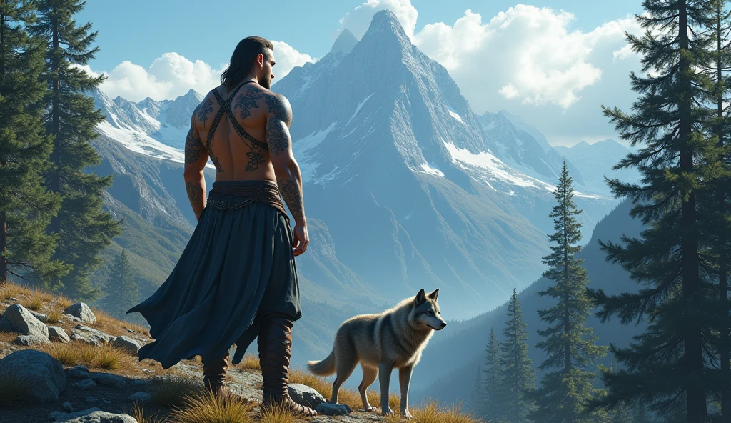 the best quality, very high resolution, detailed 4K CG, Masterpiece artwork, augur, Nordic Deuses, handsome man plus a wolf, rune tattoos, viking, Celtic mountains, tall trees, blue sky, Norse mythology, viking rune tattoo, beautiful aesthetic, Beautiful picture, There are beautiful mountains with green grass in the back