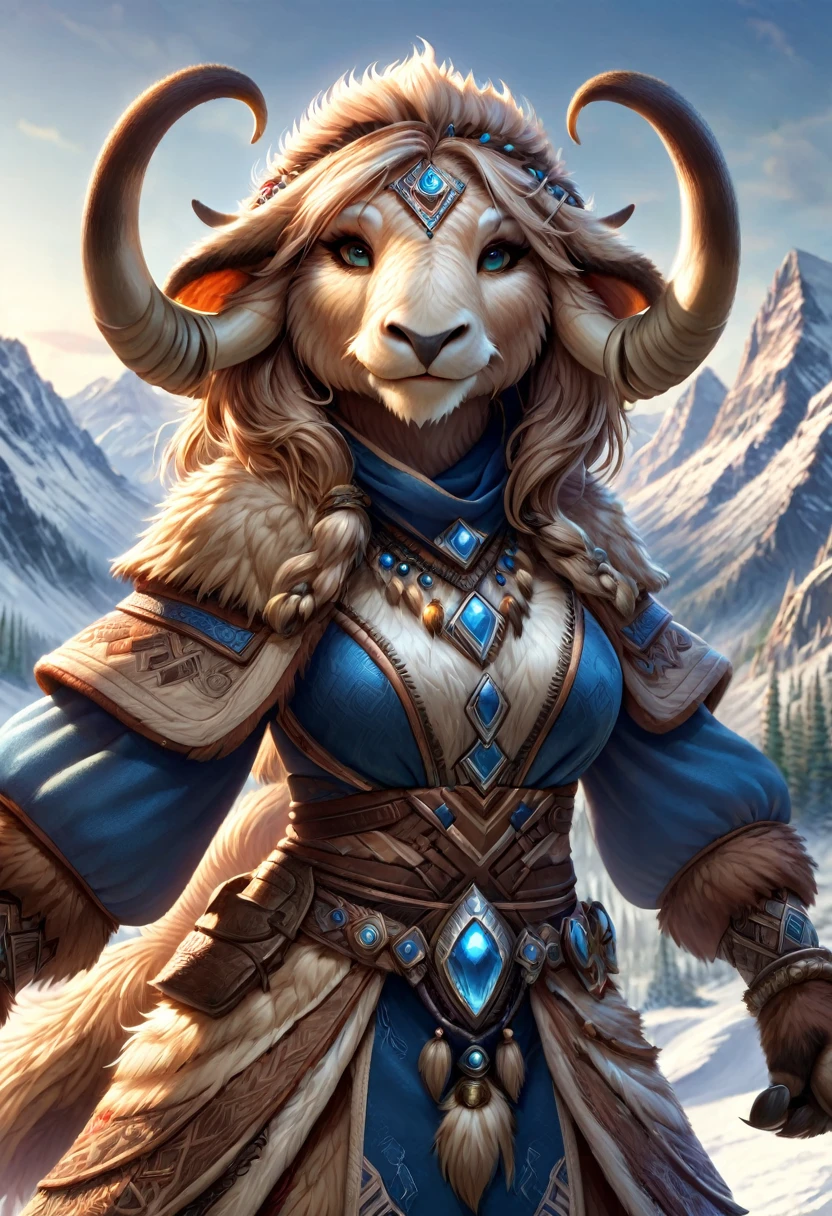 Anthropomorphic female wolly mammoth mage. Official Art – Charecter profile. An Award-Winning Digital Masterpiece In 4K Ultra HD, Extreme Detail And Intricate Realism. Symmetrical Face. This Concept Art Brought To Life By The Hands Of Artists Like Wlop & Artgerm In A Stunning 2D Vector Illustration.Background Is A Panoramic Vista.
