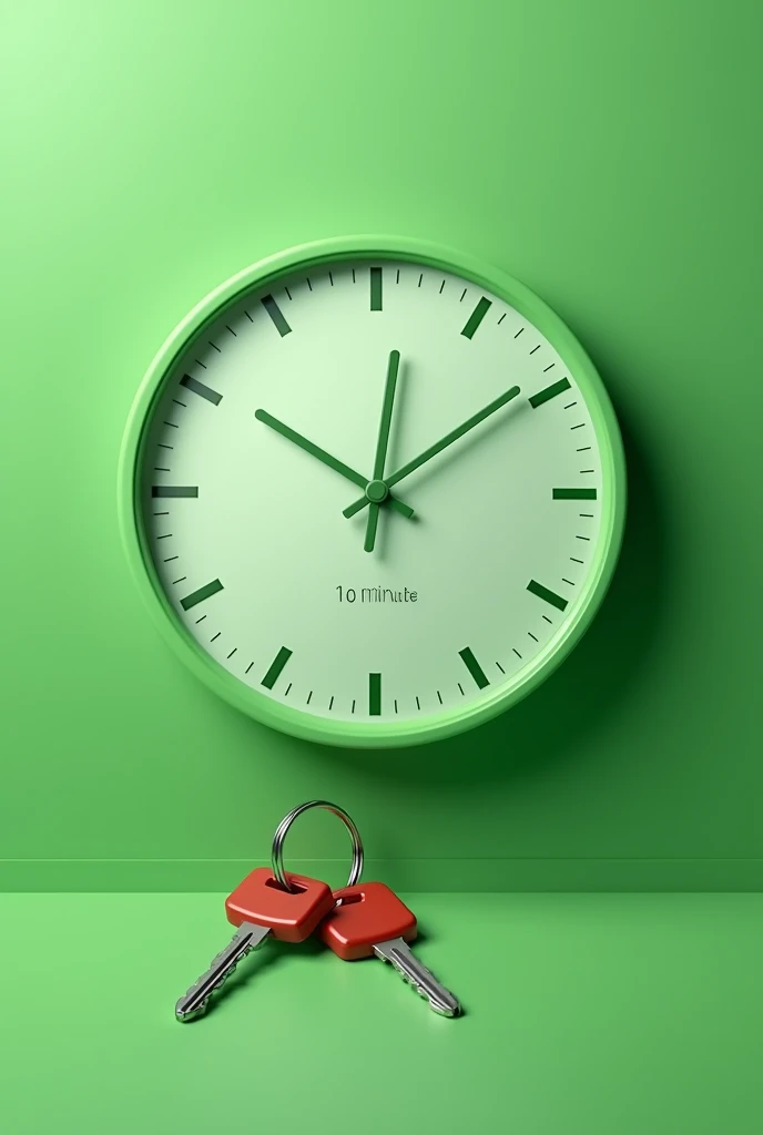 Create a minimalistic ad image for SWISH, a 10-minute food delivery platform, using a green color scheme. The concept is 'Food delivered before you can find your car keys.' Show a clean design with a clock set to 10 minutes and a pair of misplaced car keys. Include subtle elements like a delivery bag or food items in the background. Use a green color palette with bold text for the tagline: 'SWISH: Delivered faster than you can find your car keys.'