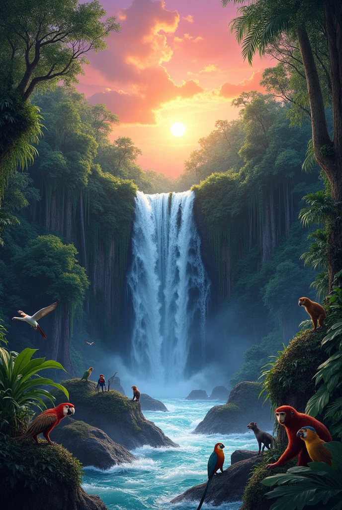 Natural waterfall in the Amazon with ANIMALS and a different sunset