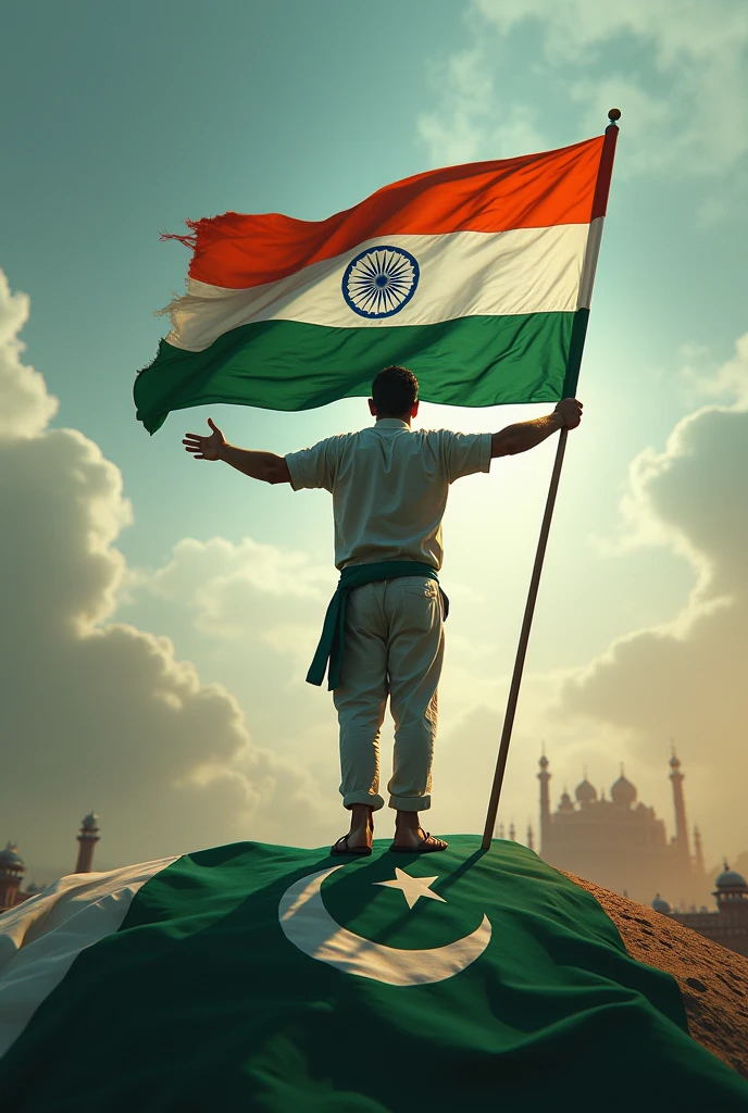 A man standing on Pakistan's flag  with Indian flag in hand