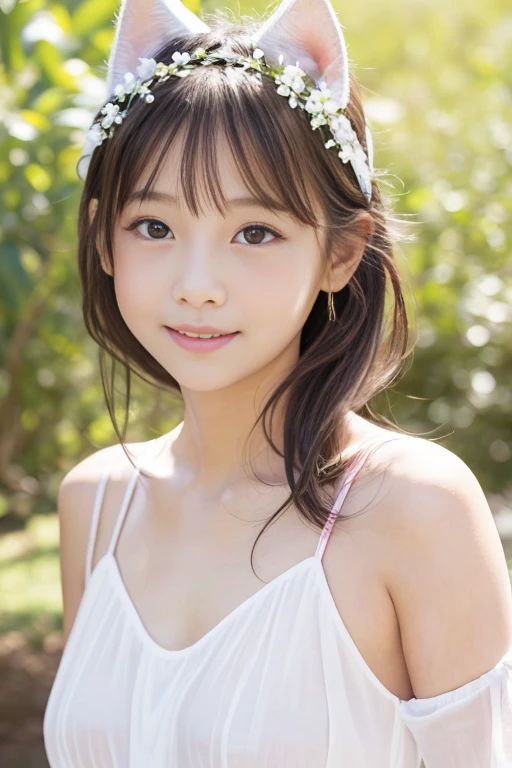 highest quality, High resolution, Realistic photo, Detailed skin texture, ((Cute 8 year old Japanese girl wearing a short white camisole)), View your viewers, Slim figure, Attractive gaze, Fair skin, (Flat Chest:1.5), Straight long hair, (loli:1.2), In the park with cherry blossoms falling