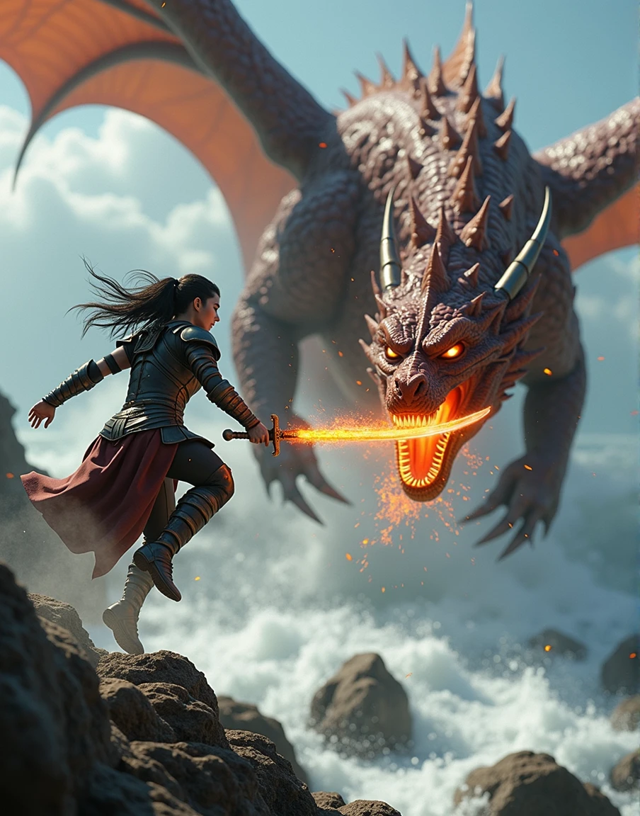 cinematic shot of warrior woman jumping from a rock and stabbing fiery dragon into its neck, water and rocks around