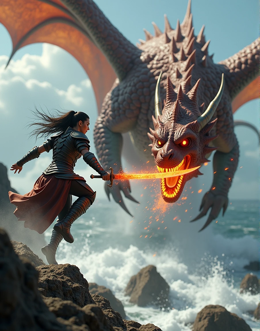 cinematic shot of warrior woman jumping from a rock and stabbing fiery dragon into its neck, water and rocks around